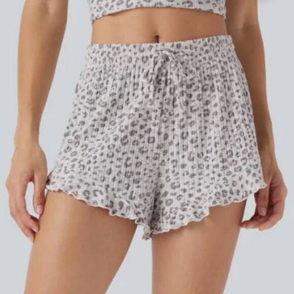 Halara Mid Rise Drawstring Ruffle Hem Leopard Print Lounge Shorts - Picture 1 of 4